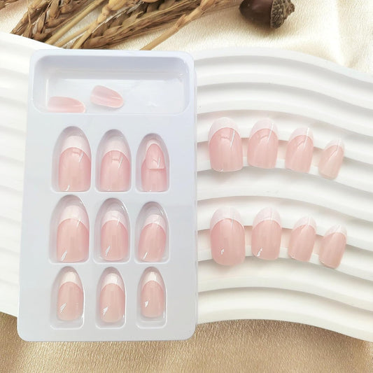 Press on Nails Short round Fake Nails with Blue Flower Green Leaves Designs Glue on Nails Milky Full Cover Nails Press Ons Glossy False Nails Artificial Stick on Nails for Women 24 Pcs