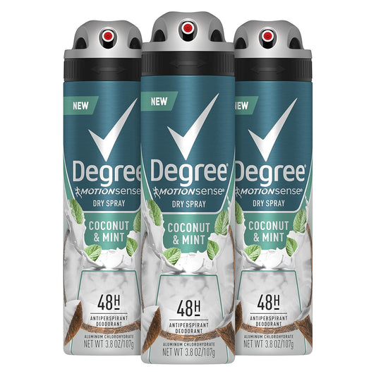 Degree Men Antiperspirant Deodorant Dry Spray Coconut & Mint 3 Count 72Hr Sweat and Odor Protection Degree for Men 3.8 Oz