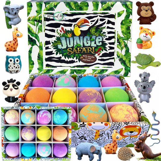Bath Bombs for Kids with Surprise Inside, 12 Bubble Bath Fizzies with Jungle Animal Toys. Moisturizing, Gentle & Kids Safe, Rainbow Spa Bath Fizz, Birthday Gift Easter Basket Essentials for Boy Girls